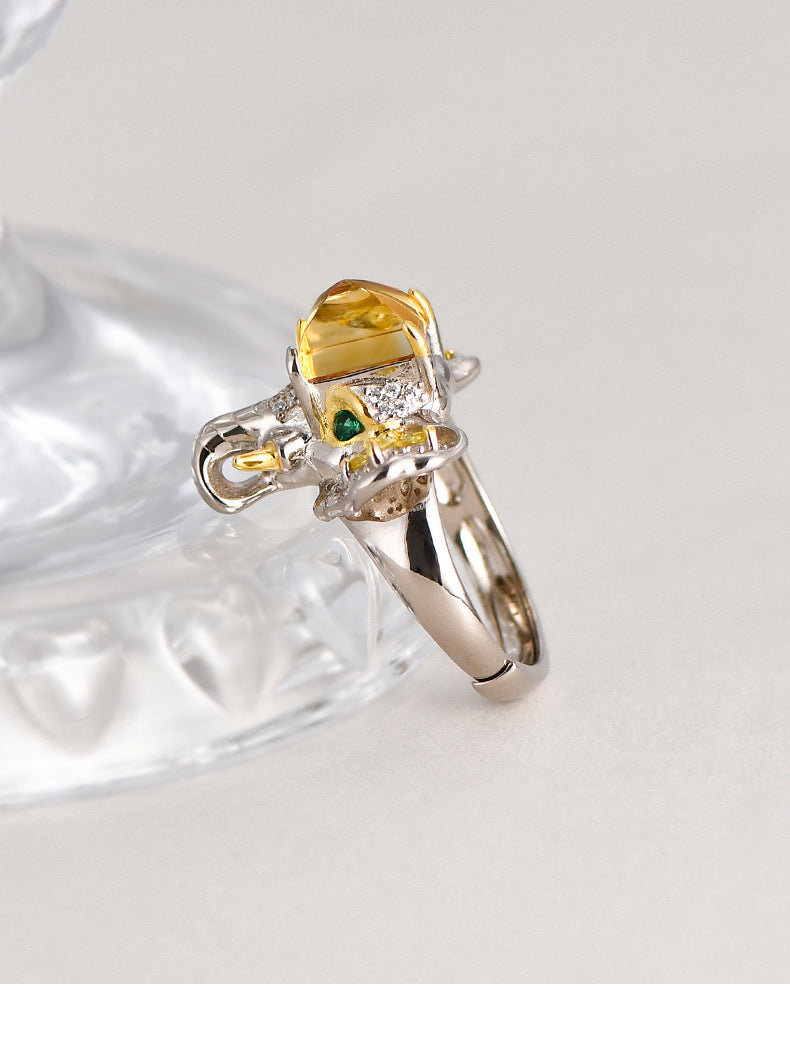 Elephant Citrine Ring - 925 Sterling Silver Adjustable Band with Micro-Pavé Detail