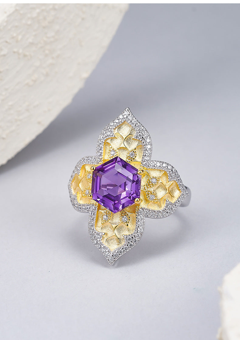 925 Sterling Silver Italian Faceted Amethyst Flower Open Ring