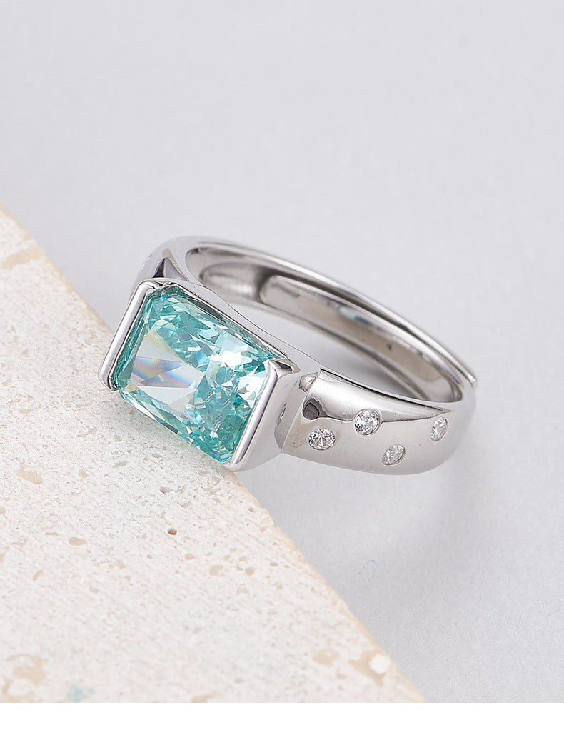 Square Paraiba Tourmaline Ring - 925 Sterling Silver Adjustable Band with Faceted Stone