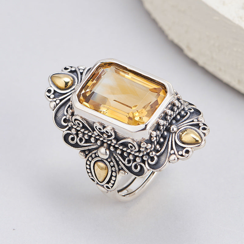 Retro Rhombus Citrine Ring - 925 Silver Copper Inlaid - Nepalese Niche Design