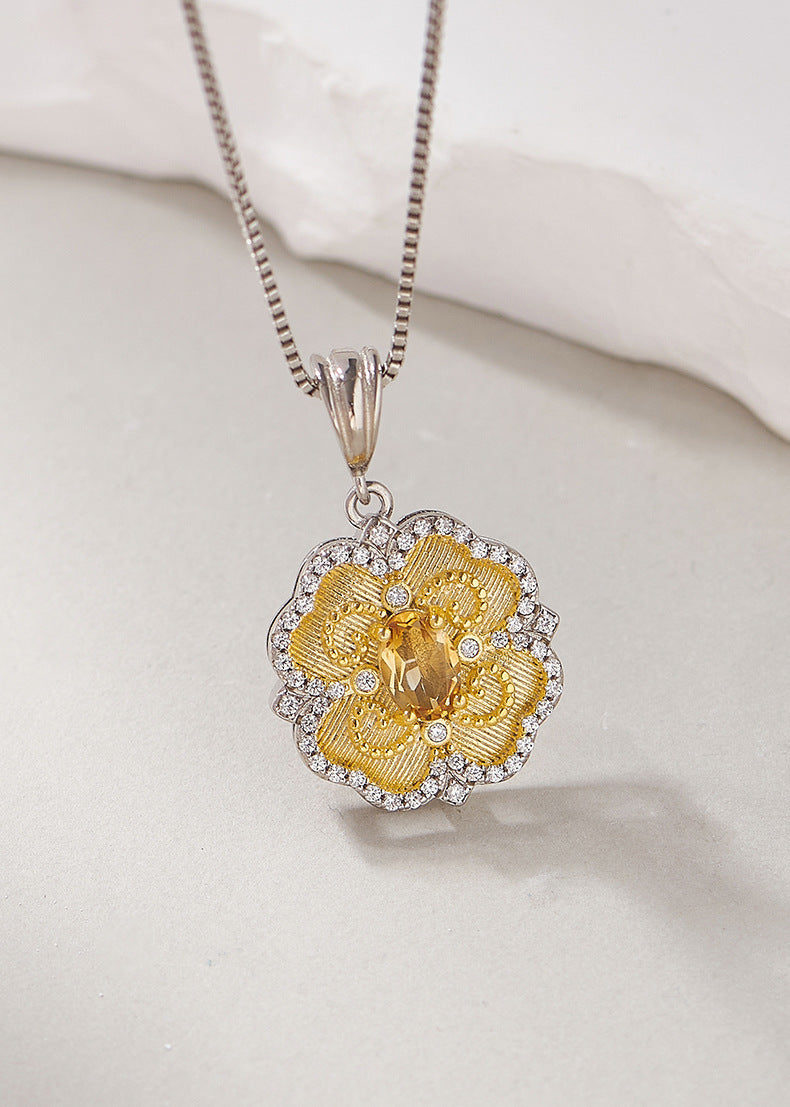 925 Sterling Silver Citrine Lace Pendant Necklace - Elegant Design