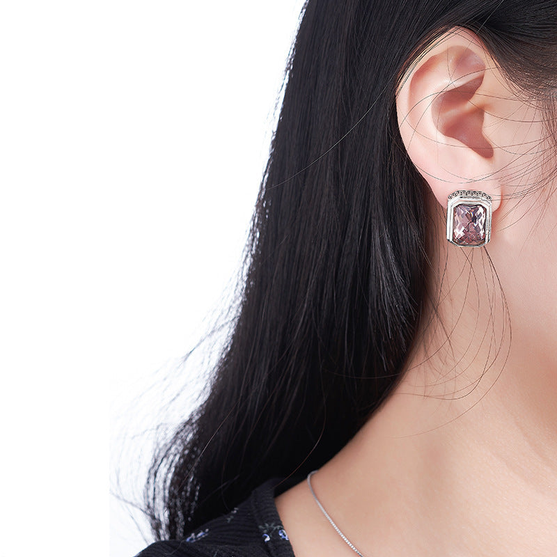 S925 silver inlaid morganite square pendant female Nepalese handmade personalized pattern geometric versatile necklace set