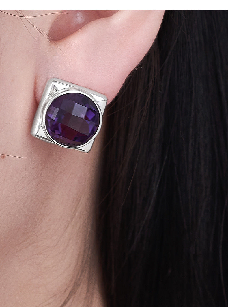 925 Sterling Silver Faceted Amethyst Geometric Hoop Earrings Set