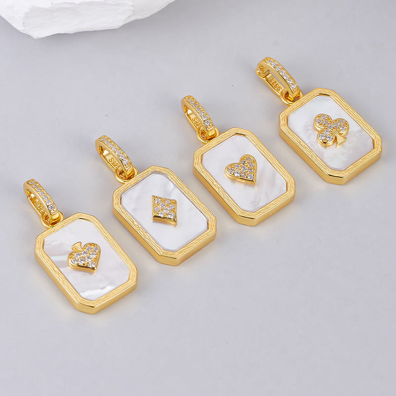 S925 silver-plated hemming inlaid shell pendant light luxury niche design playing card pendant collarbone necklace women