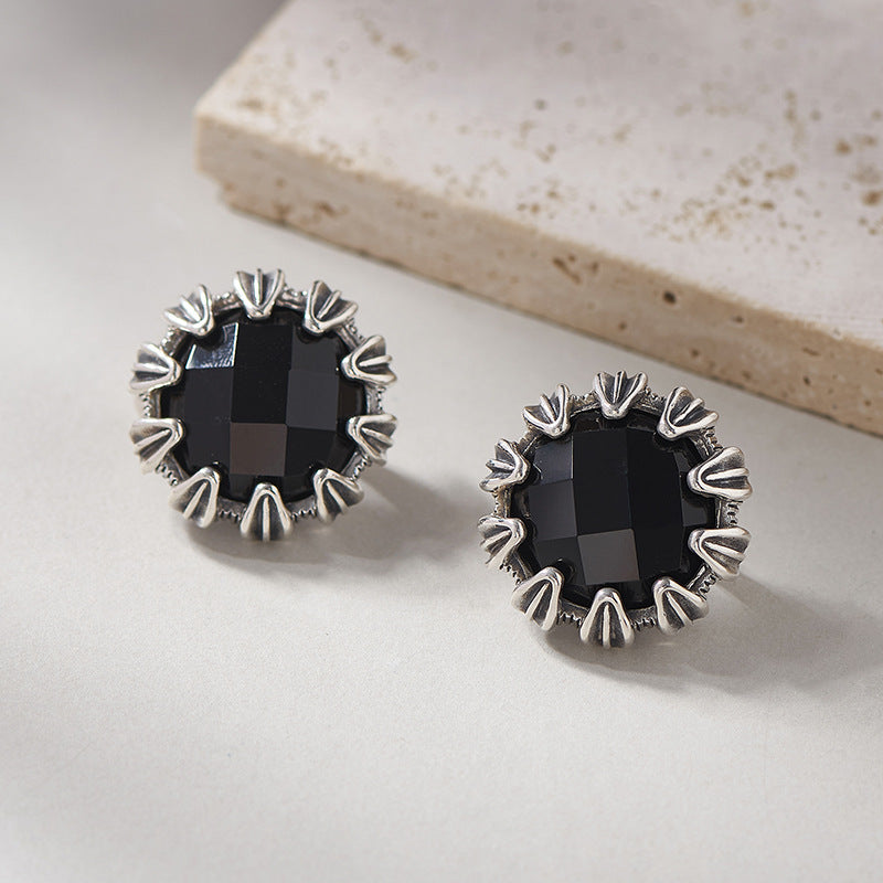 925 Sterling Silver Faceted Black Onyx Round Hoop Earrings