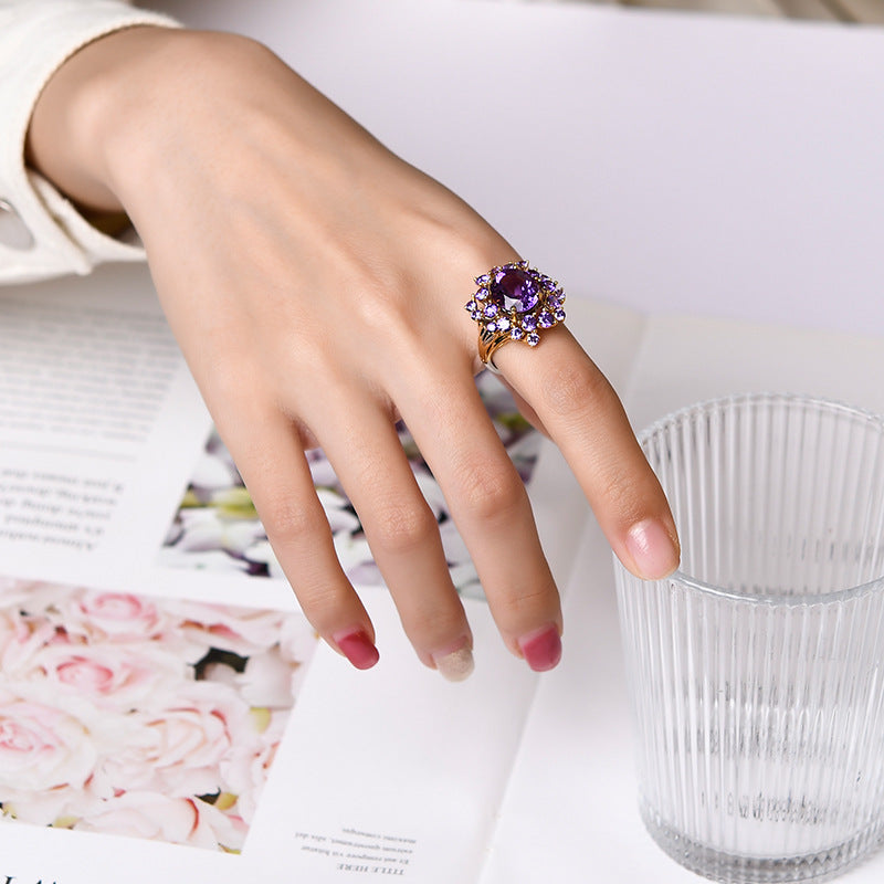 Secret Garden Amethyst Flower Ring - 925 Silver Full Diamond - Light Luxury Opening Ring