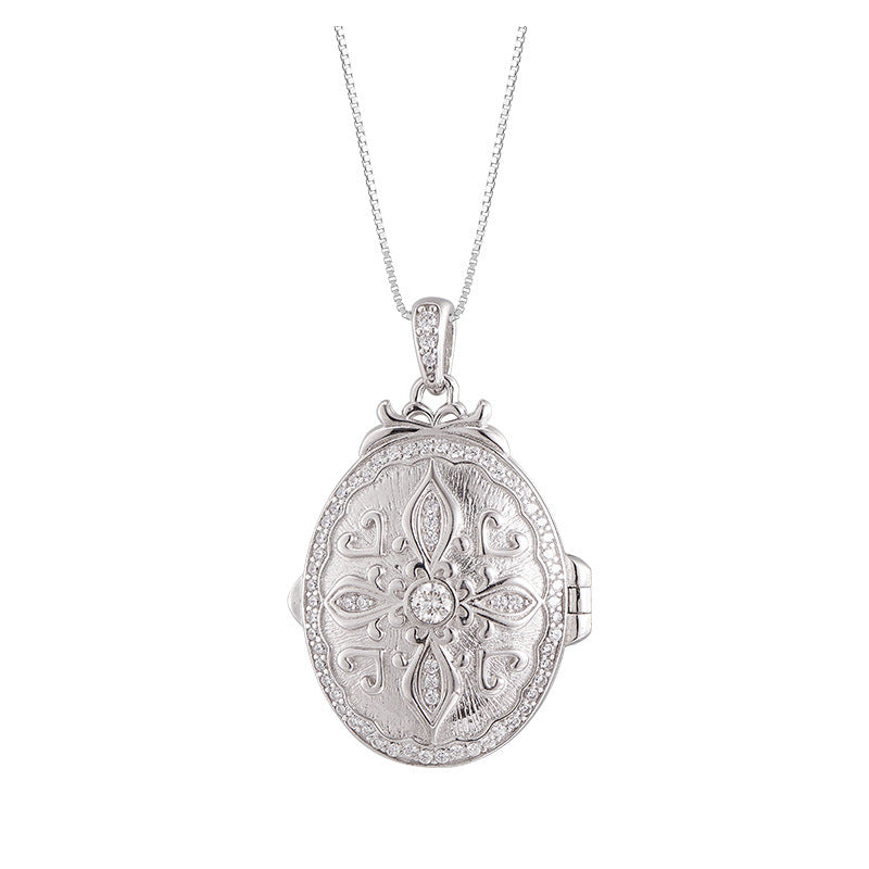 S925 silver pattern oval photo box heart-shaped couple necklace niche texture pendant can be opened for photos
