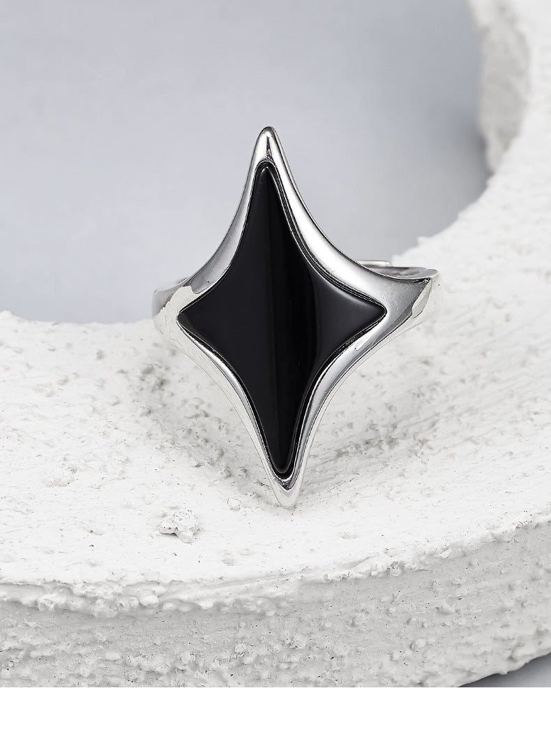 Rhombus Black Agate Ring - 925 Silver Cold Sweet Cool - Geometric Opening Couple Ring