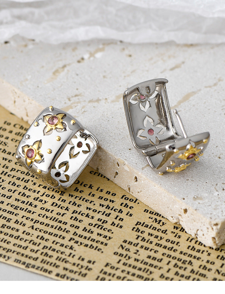 925 Sterling Silver Italian Court Style Square Hollow Earrings - Vintage Design