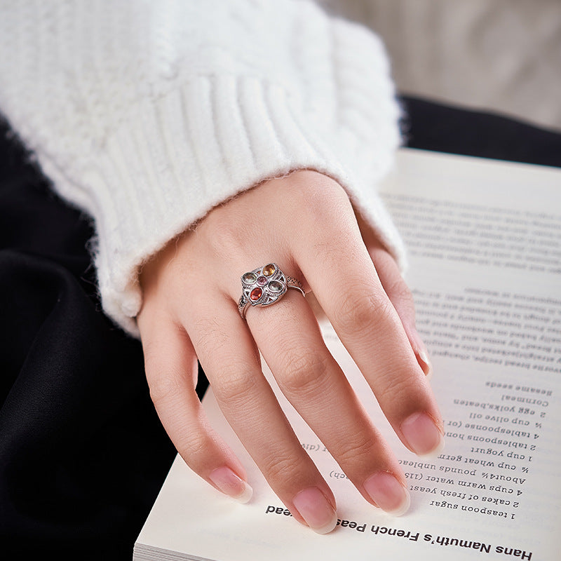 S925 silver colored treasure geometric ring niche design high sense temperament versatile adjustable index finger ring