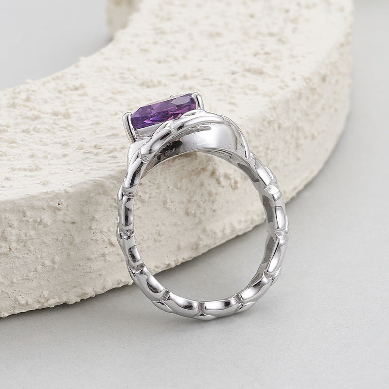 Serpent Amethyst Ring - 925 Sterling Silver Adjustable Band with Teardrop Stone