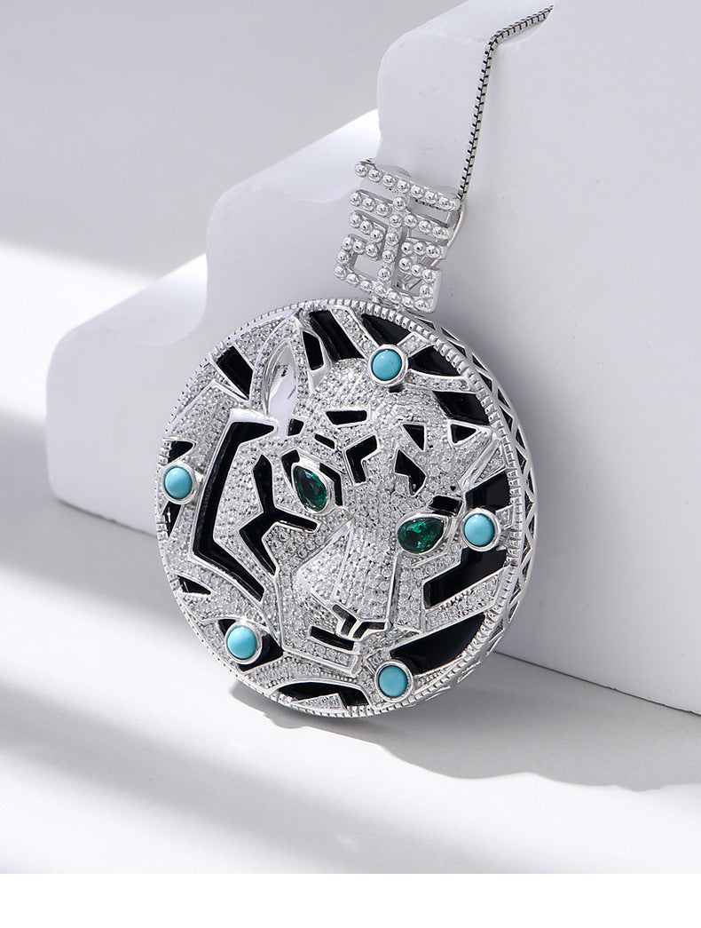 925 Sterling Silver Leopard Black Onyx Pendant Necklace - Statement Design