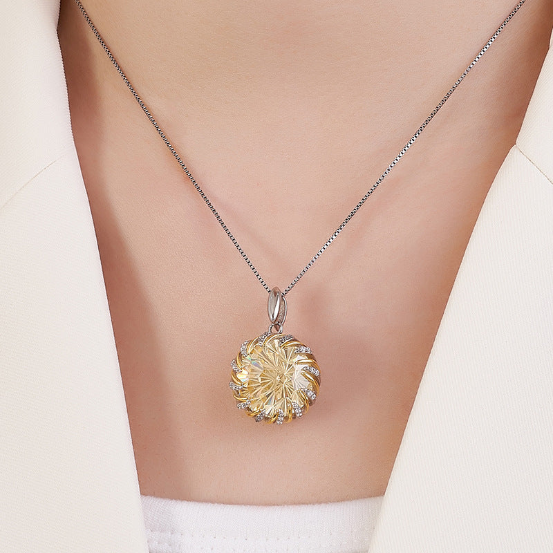 Two-Tone Floral Bud Pendant - 925 Sterling Silver with Yellow Gemstone & Pavé Crystals