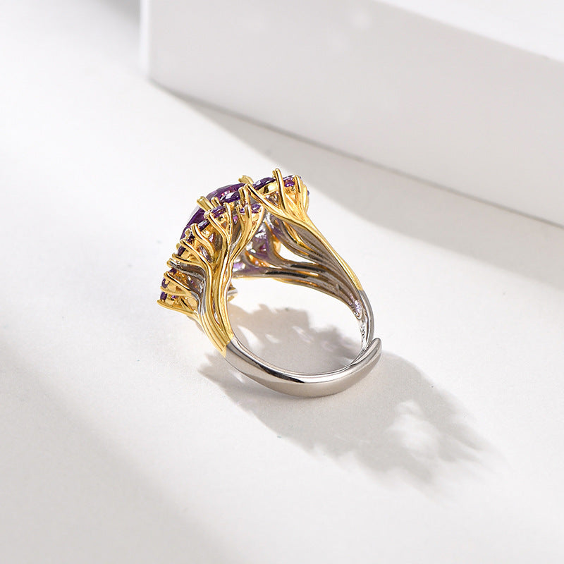 Secret Garden Amethyst Flower Ring - 925 Silver Full Diamond - Light Luxury Opening Ring