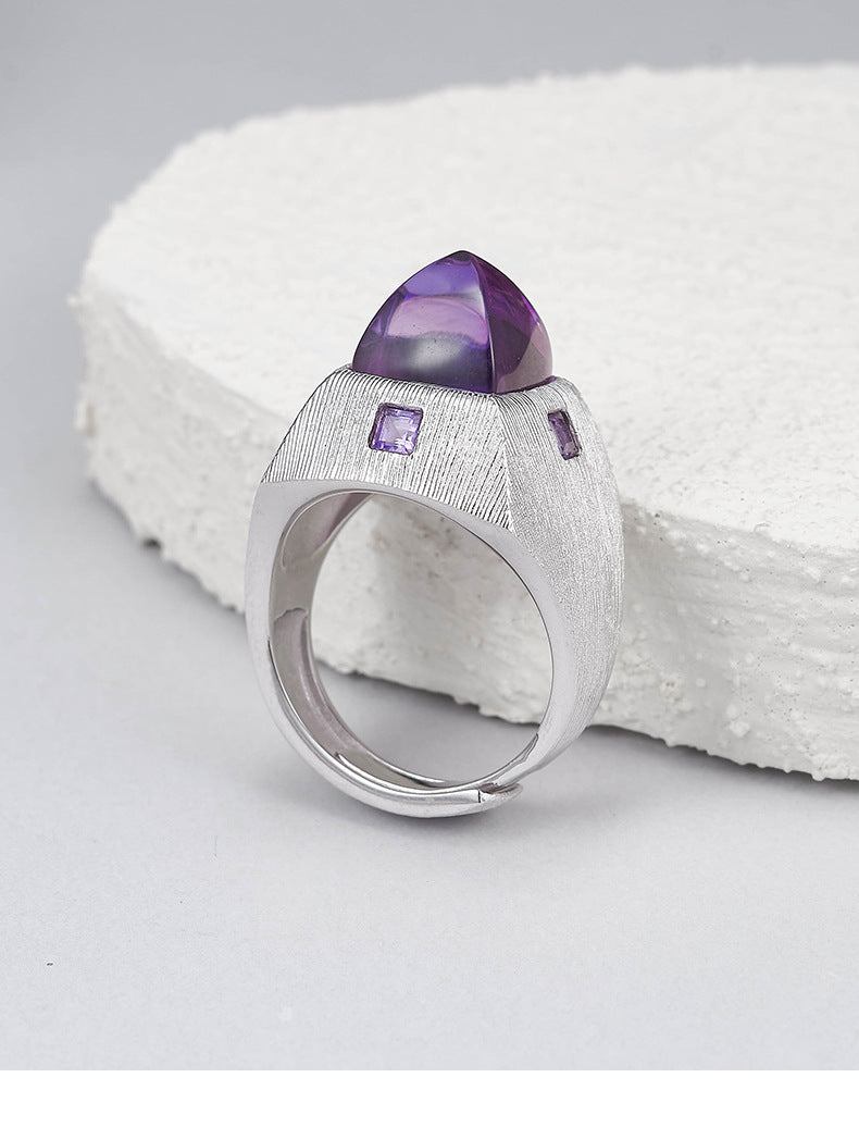 925 Sterling Silver Brushed Amethyst Diamond-Shaped Open Ring