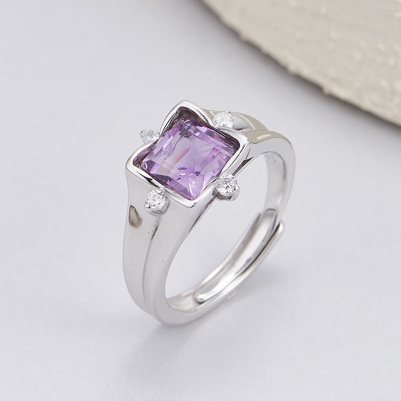 S925 silver natural crystal square ring fashionable versatile niche design adjustable index finger ring women