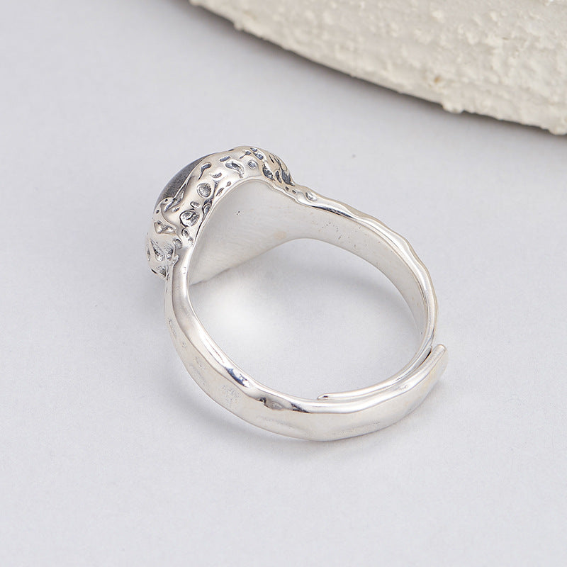 S925 silver powder crystal ring texture compact geometric adjustable ring