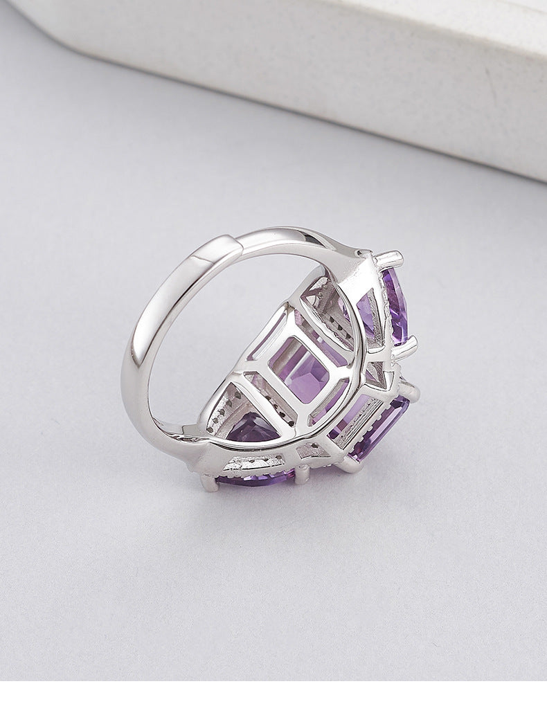 Light luxury niche design geometric ring s925 silver amethyst square fashion temperament versatile open index finger ring