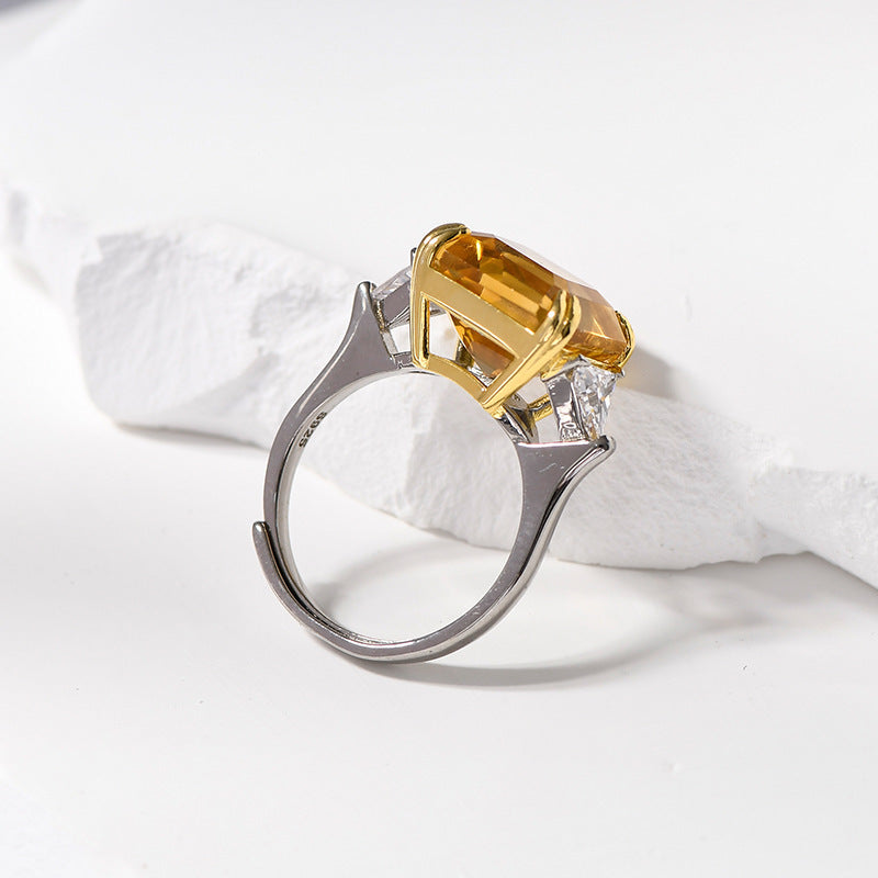 Sugar Cube Citrine Ring - 925 Silver Cut Diamond - Light Luxury Opening Ring