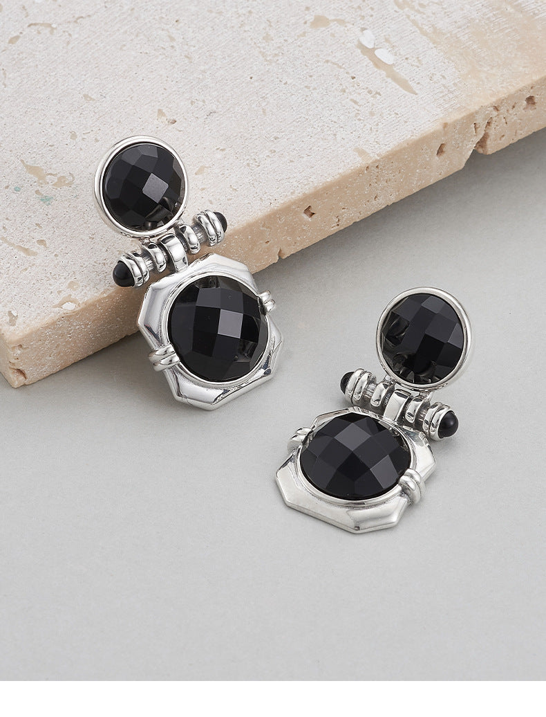 Faceted Onyx Stud Earrings - Solid 925 Silver Setting