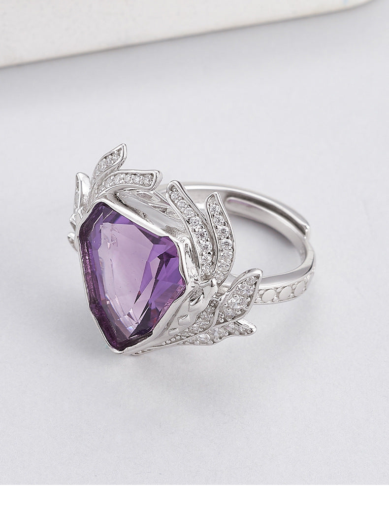 S925 silver light luxury geometric section amethyst full diamond ring niche design fashionable personality adjustable ring