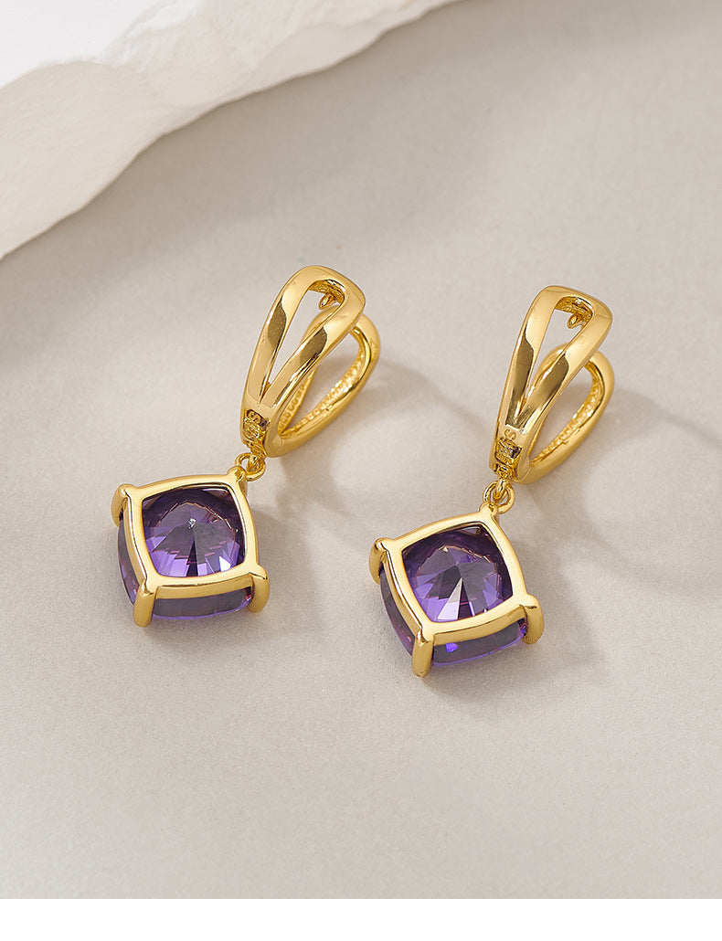 925 Sterling Silver Gold Plated Geometric Purple Stone Dangle Earrings - French Vintage