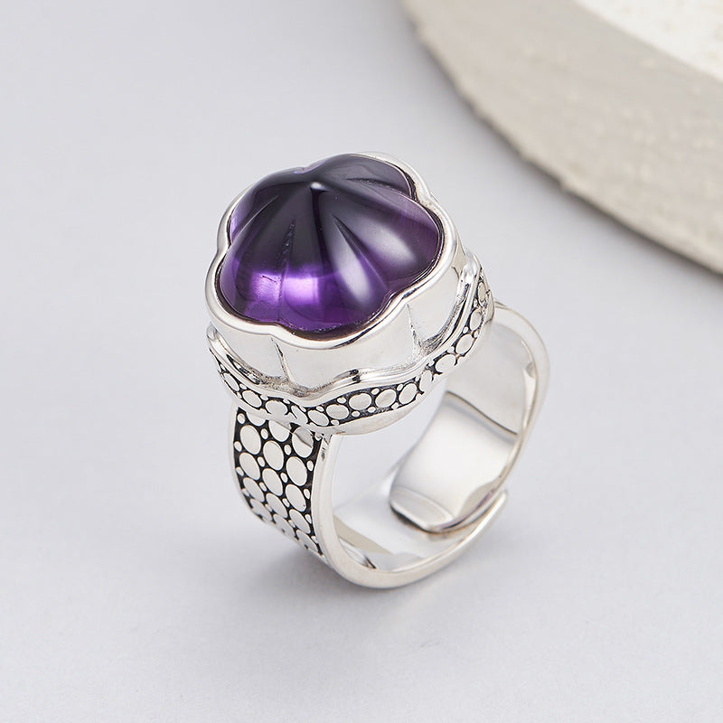 S925 silver natural amethyst plum blossom wide version ring retro niche design tea crystal index finger ring women