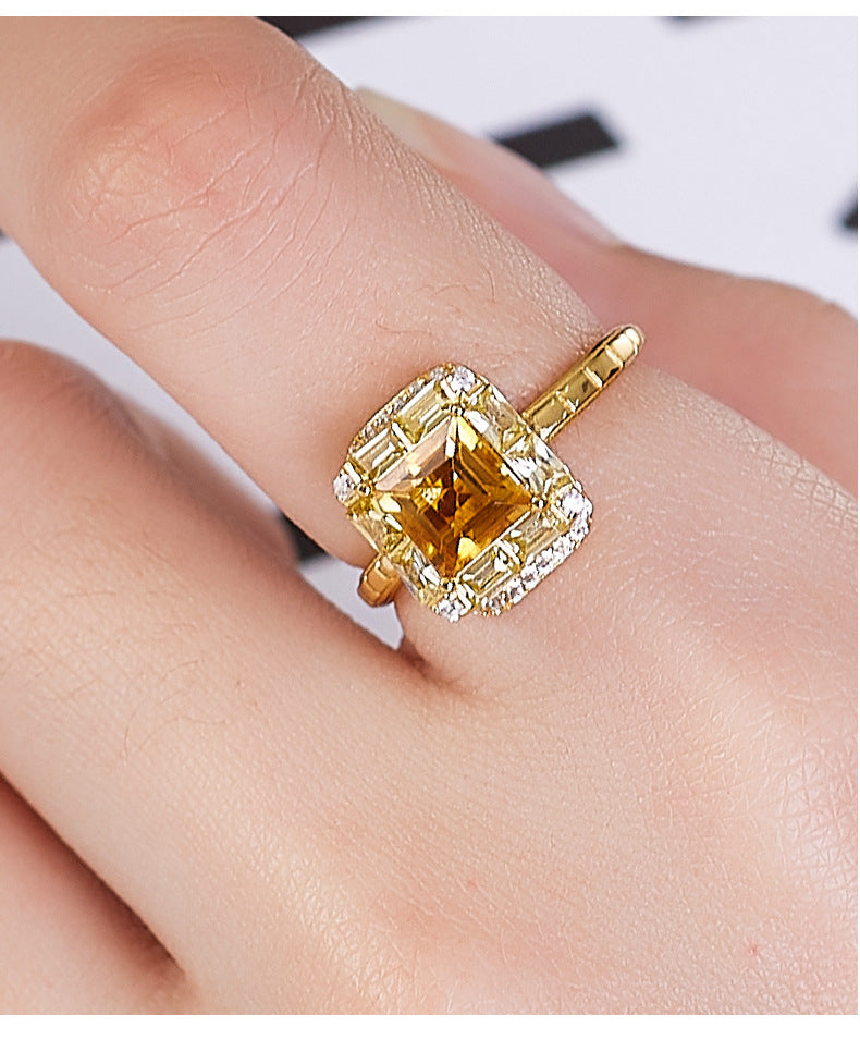 Square Citrine Ring - 925 Silver Super Flash - Niche Design Opening Index Finger Ring