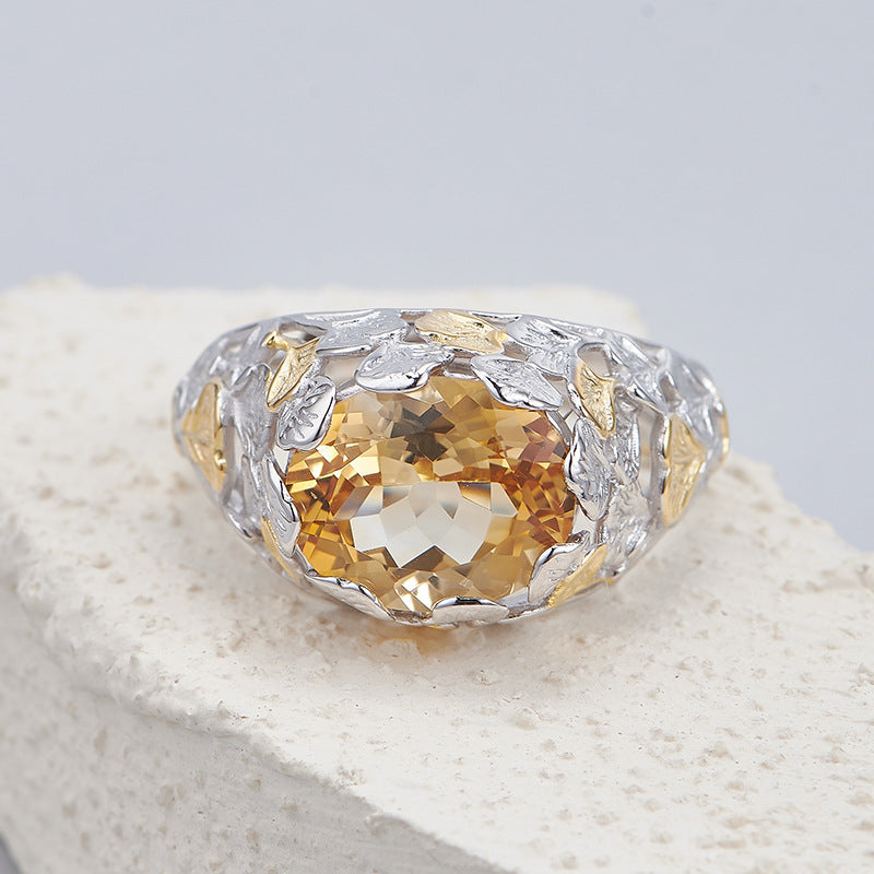 Ginkgo Leaf Citrine Ring | 925 Sterling Silver | Italian Craftsmanship