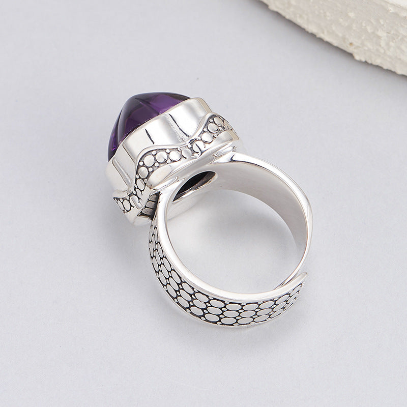 S925 silver natural amethyst plum blossom wide version ring retro niche design tea crystal index finger ring women