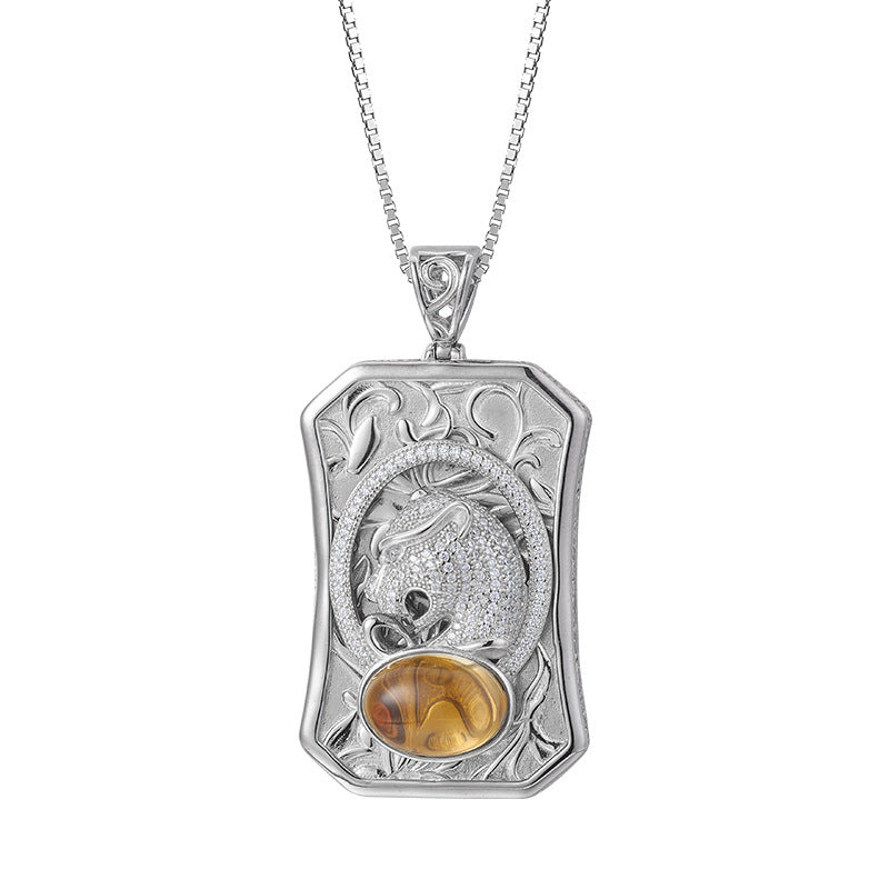 925 Sterling Silver Leopard Head Citrine Square Pendant Necklace - Vintage Design