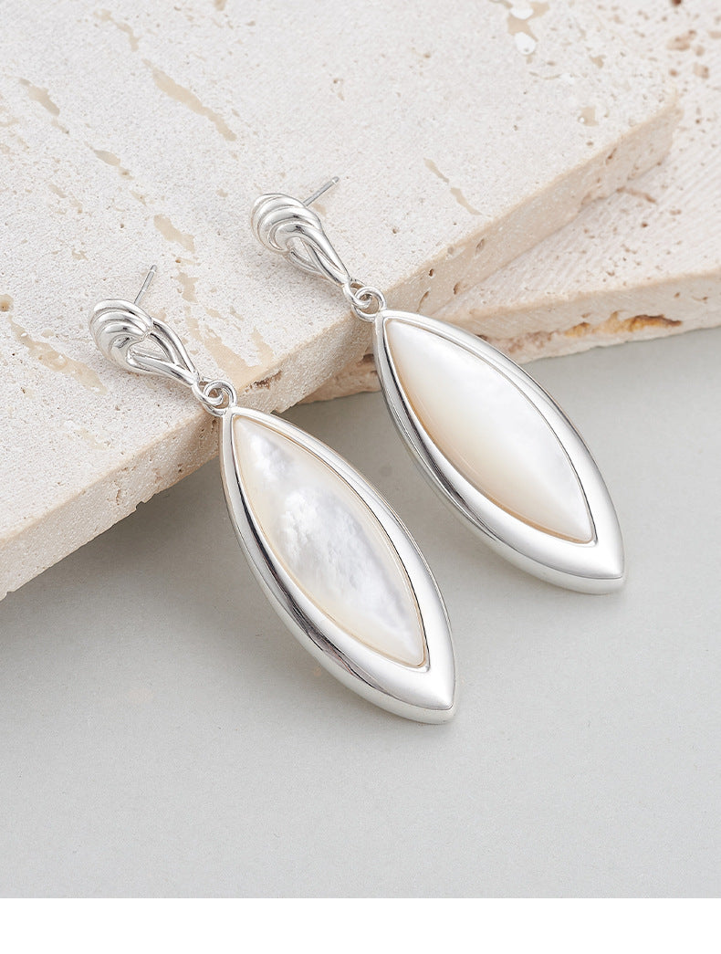 925 Sterling Silver White Shell Marquise Stud Earrings - Vintage Design