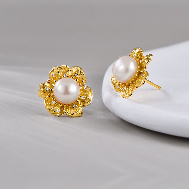 925 Sterling Silver Pearl Flower Stud Earrings - Vintage Design