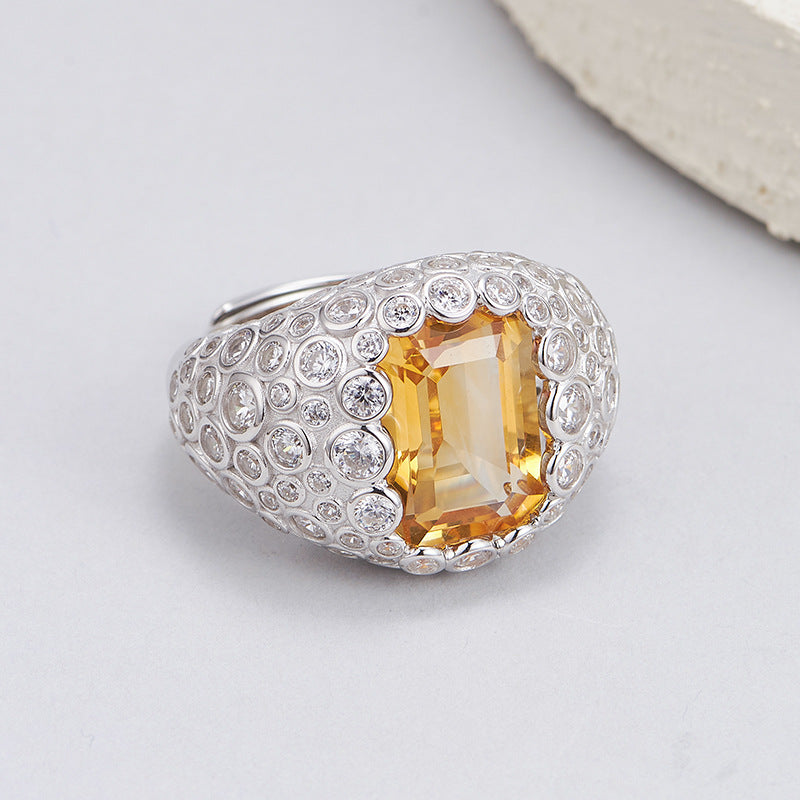 S925 silver super flash full diamond natural citrine ring heavy industry personalized design open index finger ring