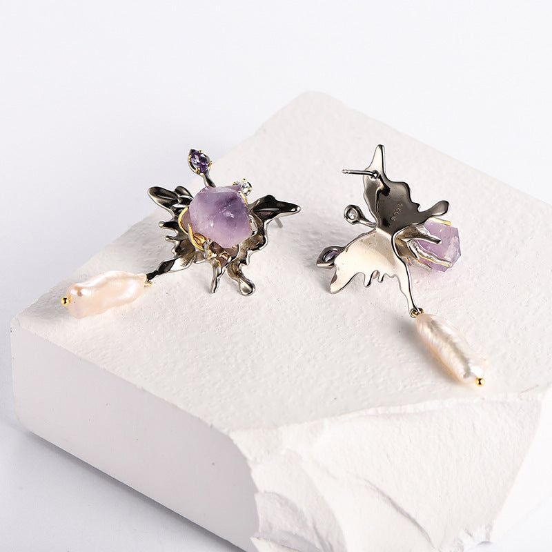 925 Sterling Silver Amethyst Stud Earrings - Baroque Vintage Design