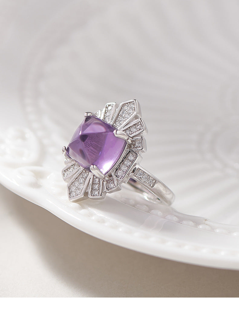 925 Sterling Silver Geometric Faceted Amethyst Open Ring - French Design