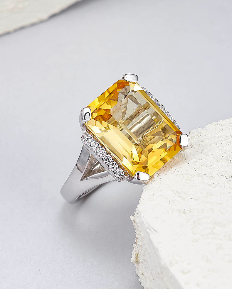 S925 Silver Delicate Fashion Cut Citrine Geometric Open Ring Simple Versatile Temperament Square Index Finger Ring Women