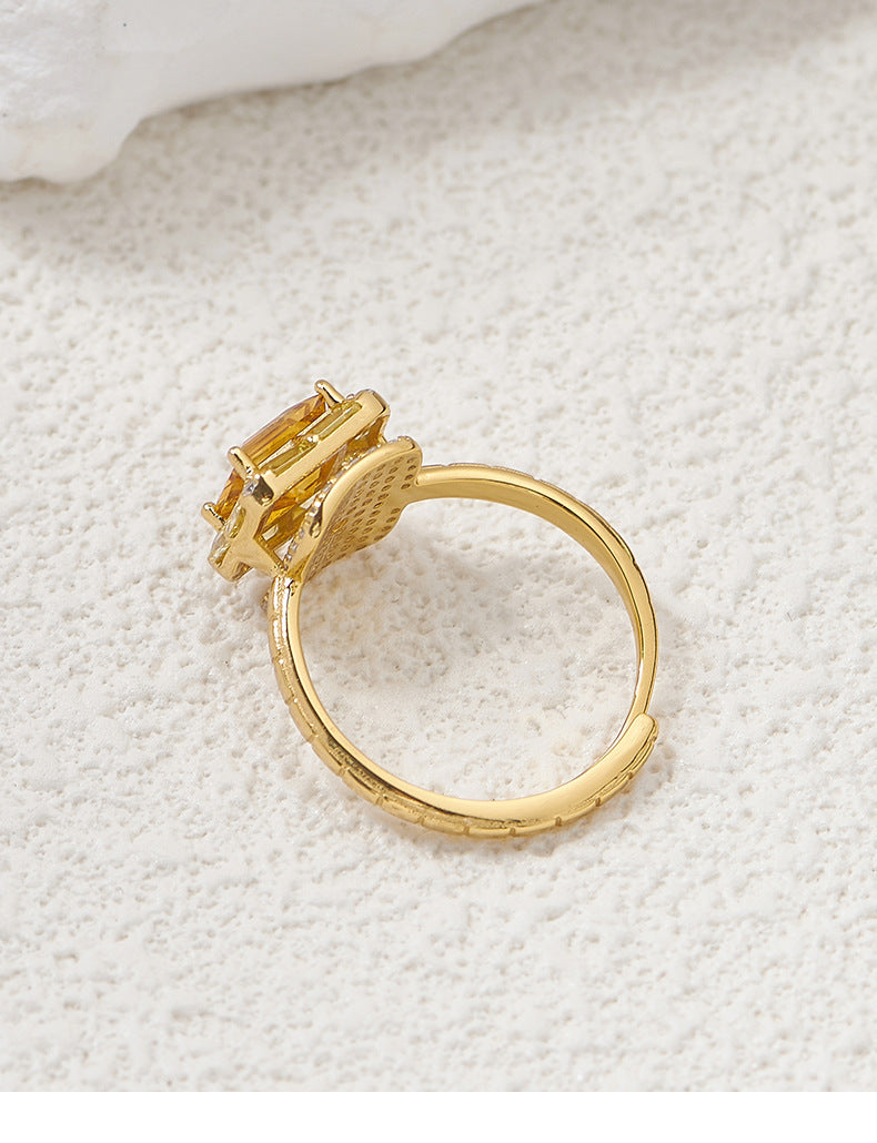 Square Citrine Ring - 925 Silver Super Flash - Niche Design Opening Index Finger Ring