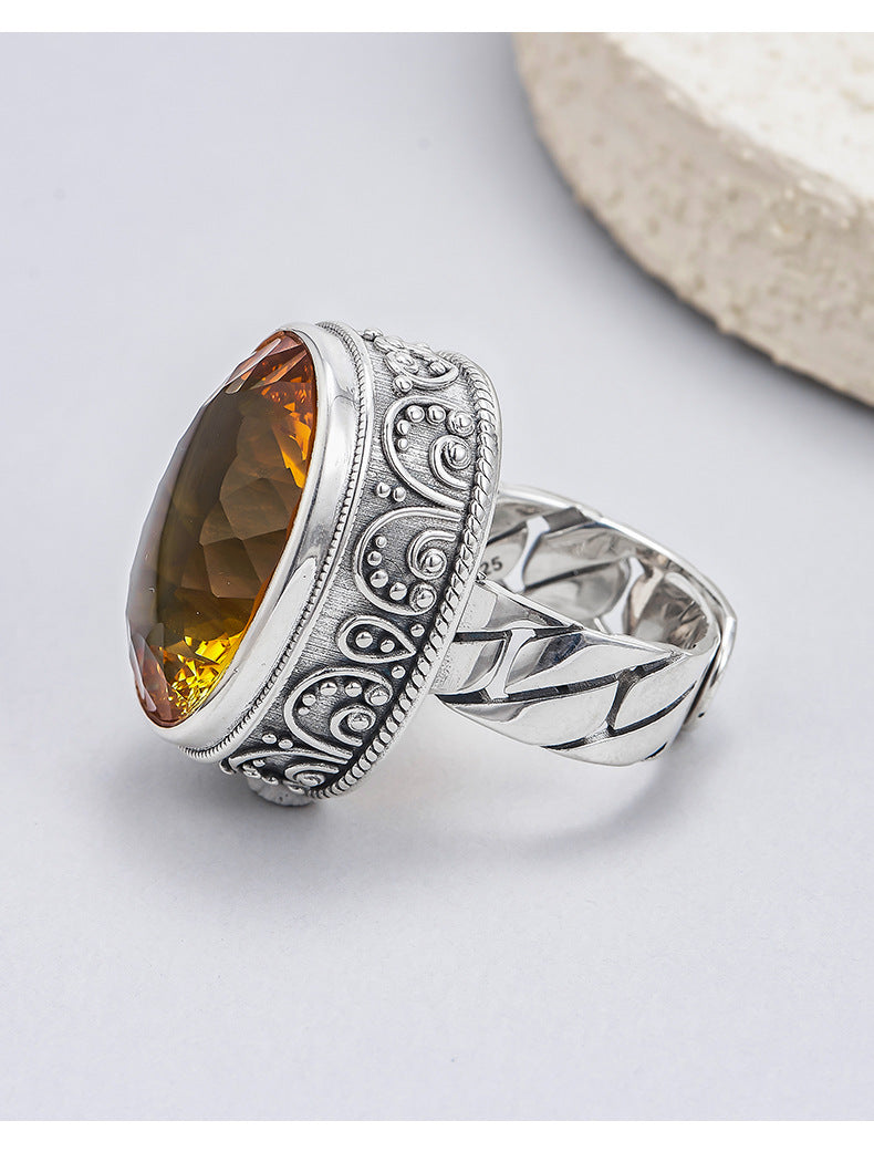 Exaggerated Oval Citrine Ring - 925 Silver Retro Pattern - Unisex Statement Ring