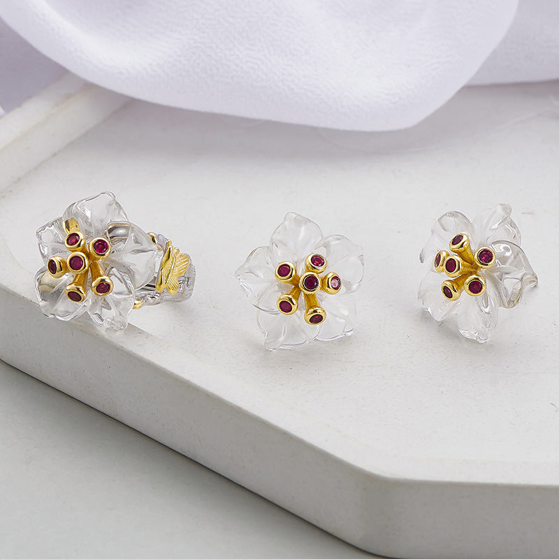 Floral White Quartz & Ruby Ring - 925 Sterling Silver Adjustable Band with Gemstone Accents