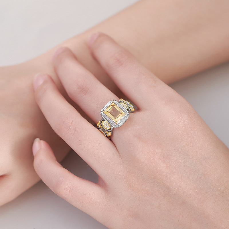 Hollow Flower Citrine Ring - 925 Silver Italian Craft - Geometric Opening Index Finger Ring