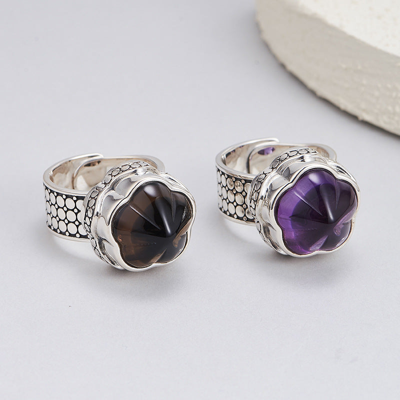 S925 silver natural amethyst plum blossom wide version ring retro niche design tea crystal index finger ring women