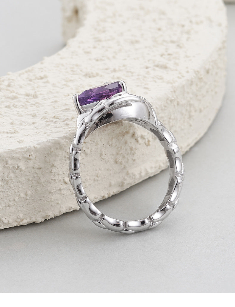 Serpent Amethyst Ring - 925 Sterling Silver Adjustable Band with Teardrop Stone