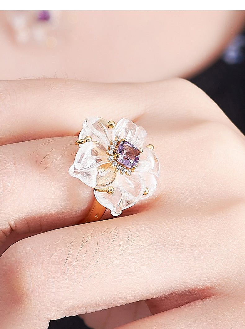 Zircon Crystal Flower Pendant - 925 Silver Micro-Inlaid - French Luxury Amethyst Necklace