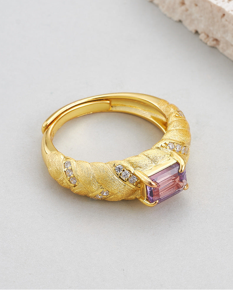 925 Sterling Silver Gold Plated Textured Amethyst Ring - Vintage Design