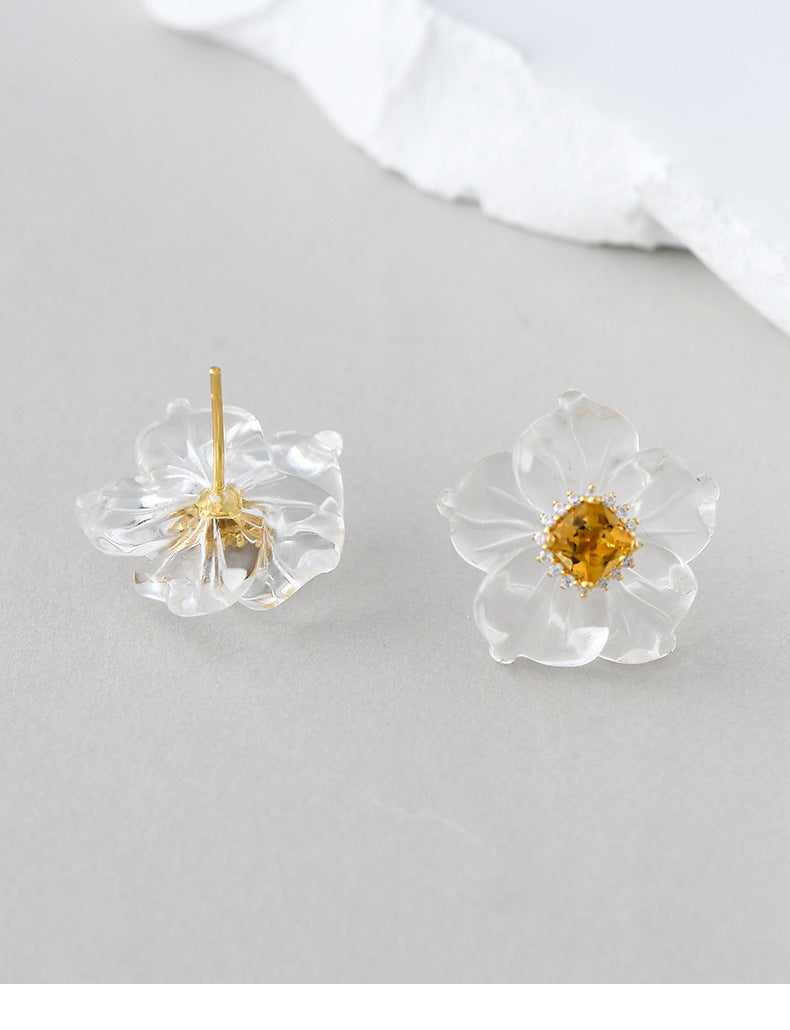 3D Flower Crystal Stud Earrings - 925 Silver Camellia Design - Citrine Accents