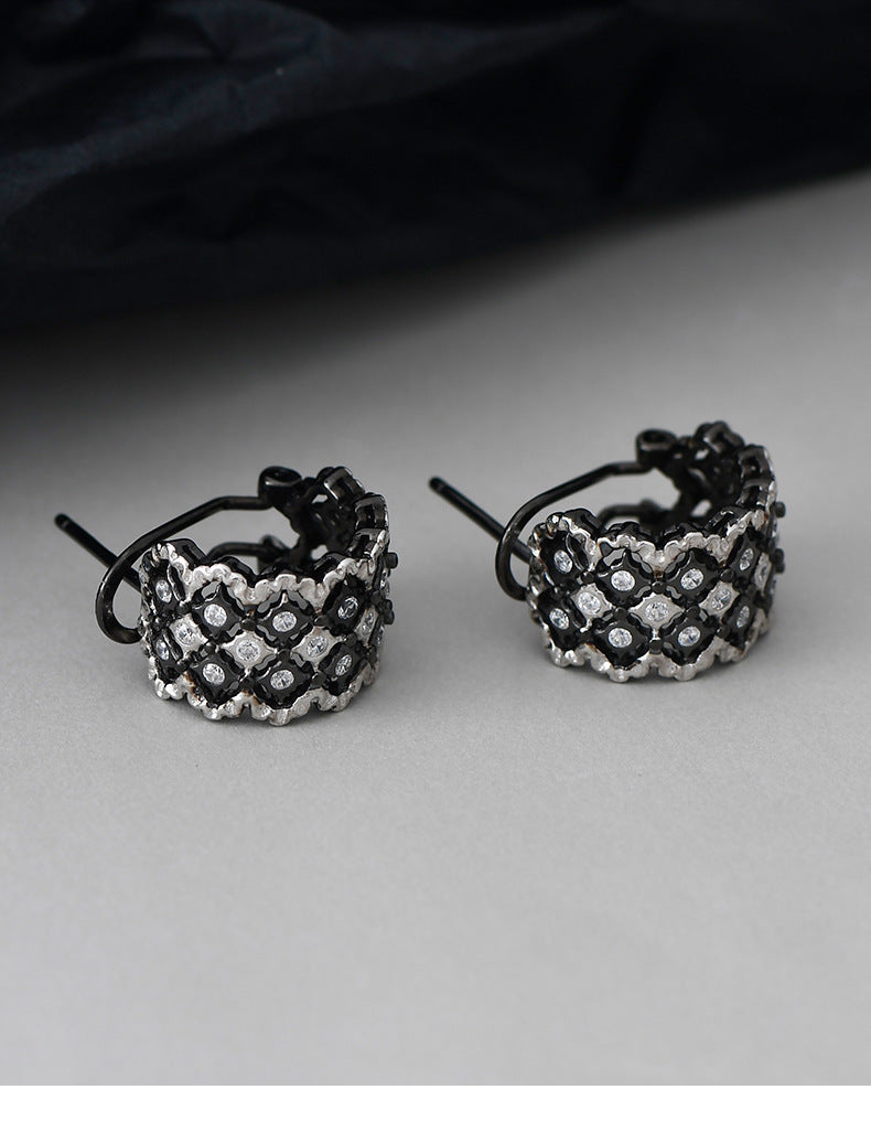 Vintage Lace C-Hoop Earrings - 925 Sterling Silver Italian Filigree Design - Black Finish