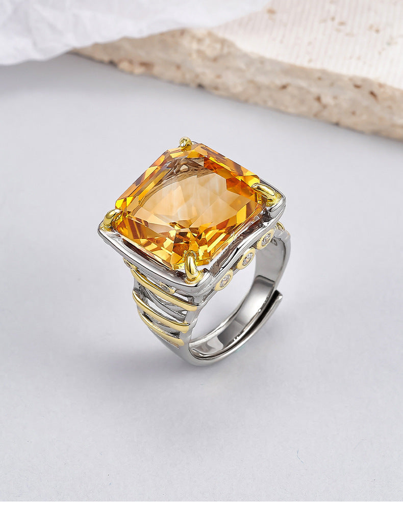 Square Citrine Ring - 925 Silver Italian Contrasting Color - Geometric Opening Ring