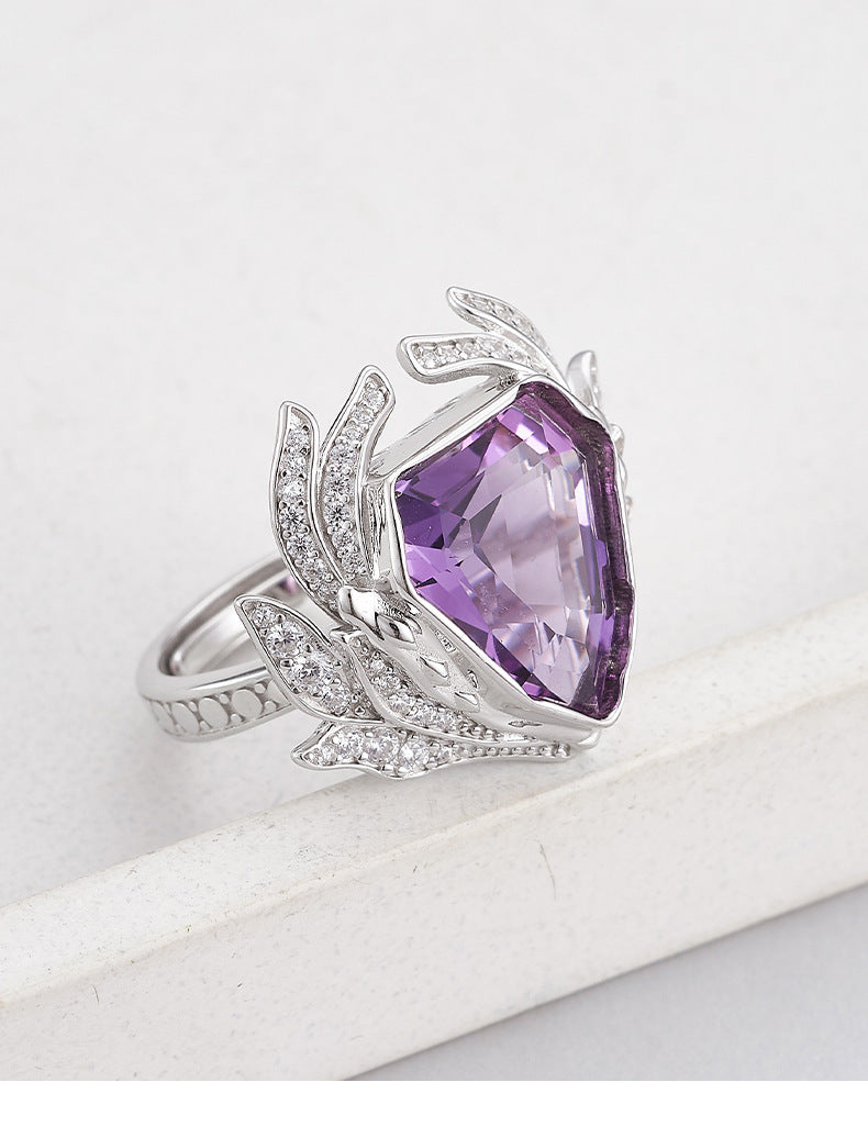 S925 silver light luxury geometric section amethyst full diamond ring niche design fashionable personality adjustable ring