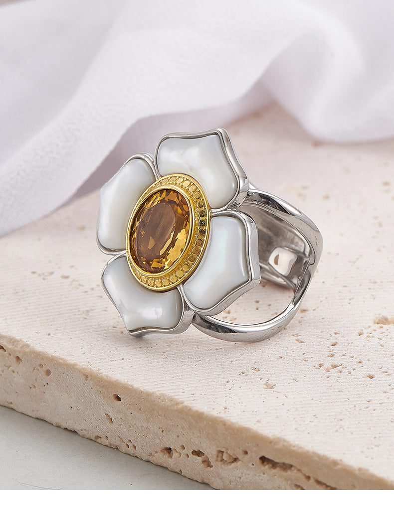 925 Sterling Silver White Shell Camellia Citrine Adjustable Ring